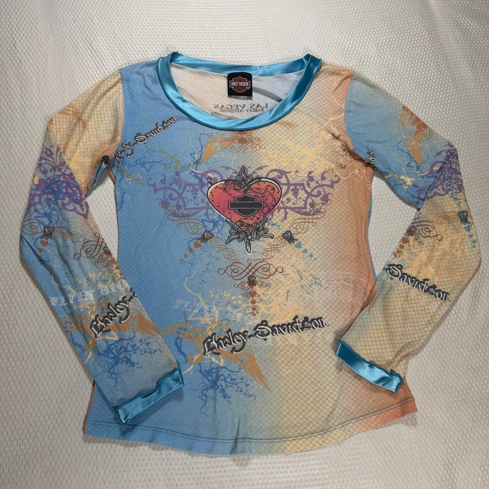VTG Y2K Harley-Davidson Womens M Las Vegas Long Sleeve Graphic Top Biker Tattoo